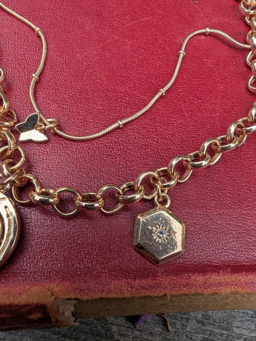 Gold-Tone Charm Necklace with Red Strawberry and Glass Heart